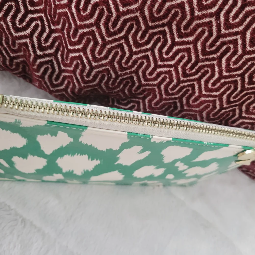 Kate Spade Green and White Geometric Pattern Make-up Pouch Bag Gold Hardware